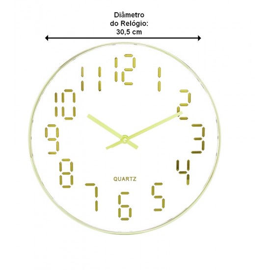 Relógio De Parede 30,5cm Por 4,5cm Quartz De Plástico Branco Com Dourado